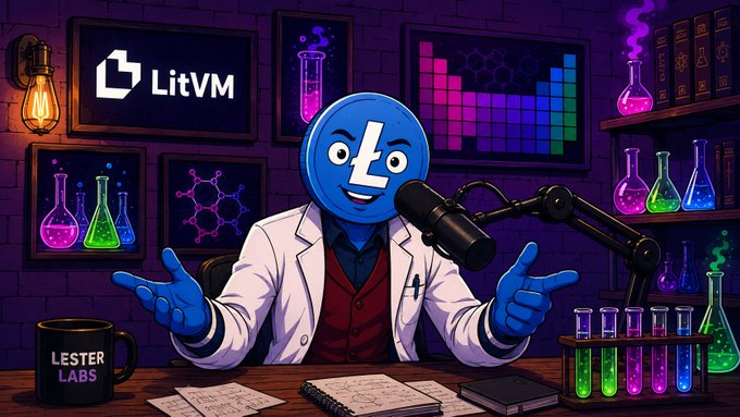 The image features a cartoon character, possibly a scientist or an engineer, sitting at a desk with their arms outstretched as if they are giving a speech or presentation. The character appears to be wearing a lab coat and has a microphone in front of them. There is also a cup on the desk next to the character.

The background of the image shows various laboratory equipment such as test tubes, flasks, and beakers scattered around the scene. Additionally, there are multiple bottles placed throughout the room, possibly containing chemicals or other substances commonly found in a lab setting. The overall atmosphere suggests that this is an animated illustration related to the post about Litecoin and Web3.