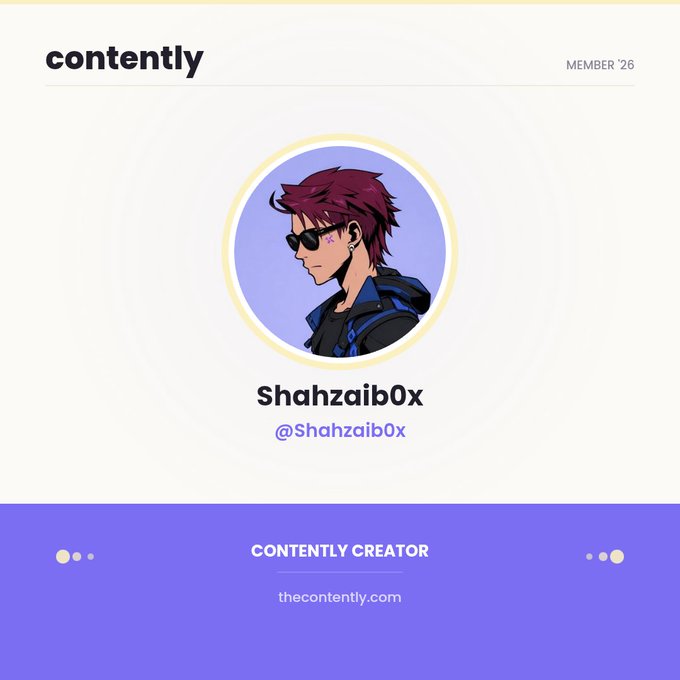 The image shows a Contently profile card for "Shahzaib0x" (@Shahzaib0x), labeled as a "Member '26" and "Contently Creator," featuring an anime-style avatar of a character with red hair and sunglasses. This profile card visually represents the creator's new membership on the Contently platform, supporting the post's announcement about joining @contently_app where content is rewarded with real USDC.