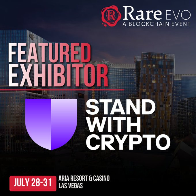 A promotional poster for the 'Rare EVO - A Blockchain Event' announcing 'STAND WITH CRYPTO' as a Featured Exhibitor, taking place July 28-31 at the ARIA Resort & Casino in Las Vegas.