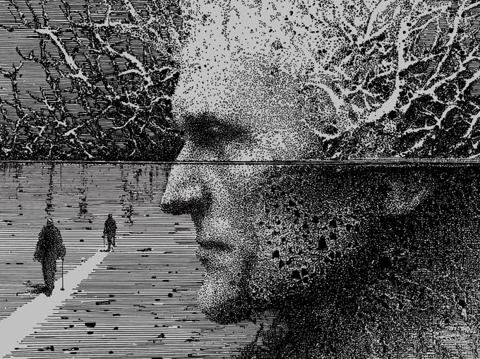 A detailed black and white pen-and-ink illustration showing a large profile of a man's face blended with a winter scene, including snowy trees above the horizon and tiny figures walking on a path below.