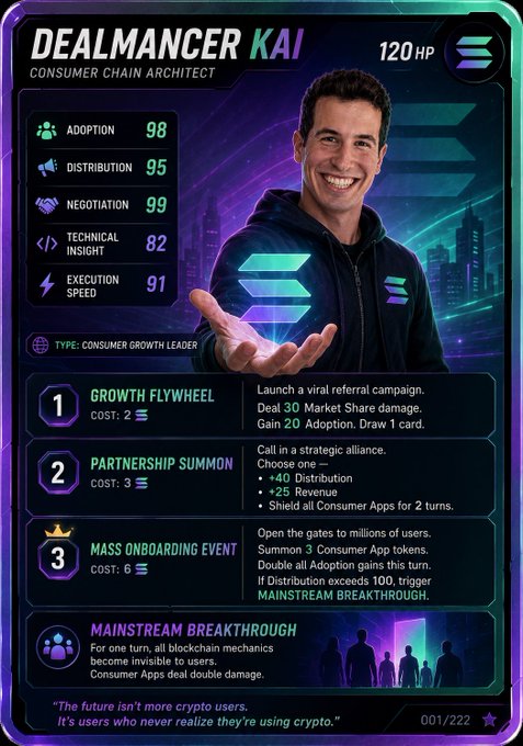 The image features a man holding up a green card with a blue logo, which appears to be a business card or a profile picture for a person named Kai. The background of the image has a purple and blue color scheme, giving it an artistic touch. The caption below the image reads "TCGs on Solana". This suggests that the image is related to a discussion about cryptocurrencies or blockchain technology, possibly featuring information about a particular cryptocurrency like Bitcoin Cash (BTC) or Ethereum (ETH).