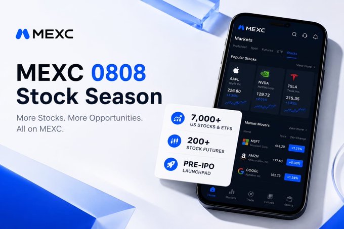 A promotional advertisement for MEXC's '0808 Stock Season' featuring a smartphone displaying the trading app interface with stock prices and market movers.