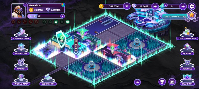 A screenshot of a mobile video game showing an isometric view of a futuristic neon-lit arena or map, with UI elements displaying player stats 'TheFallCRO' and buttons like 'LEADERBOARD', 'MARKET', and 'QUESTS'.