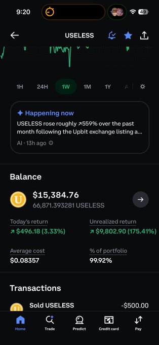 The image displays a mobile trading app screen showing a position in the meme coin "USELESS," which has surged approximately 559% over the past month following its Upbit exchange listing, with a current balance of $15,384.76 (66,871.393281 USELESS), a 175.41% unrealized return, and a recorded $500.00 sale transaction—directly illustrating the poster's account of consolidating old meme coins into USELESS only to watch it dramatically run.