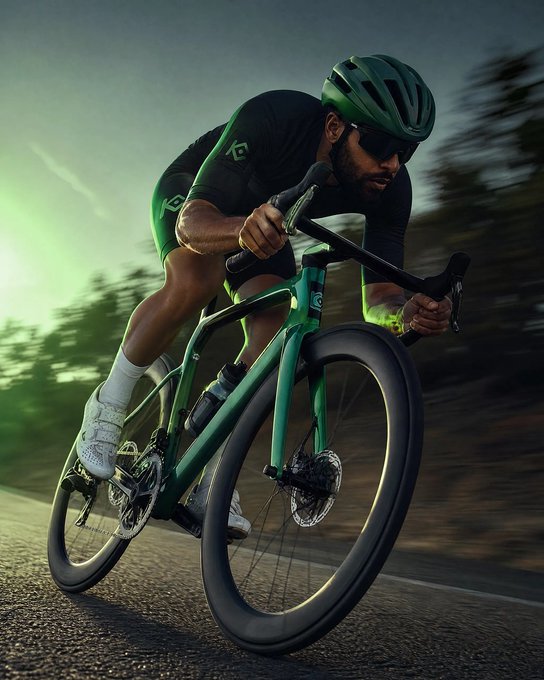 A determined cyclist pushes forward on a green road bike, gripping the handlebars with intense focus against a motion-blurred landscape. The image embodies the quote's sentiment, capturing the grit and willpower required to chase horizons that can't be measured in miles alone.