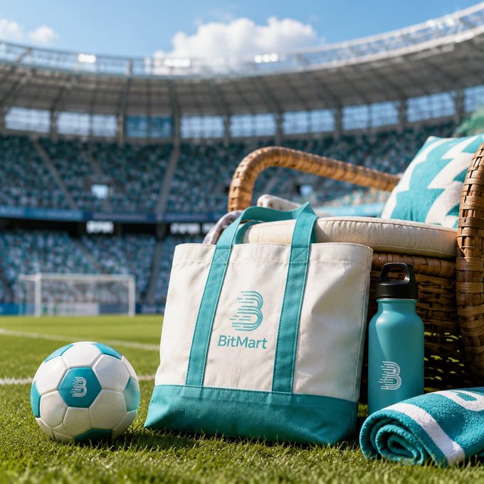 A BitMart-branded picnic basket setup on a soccer field with a matching teal and white ball and water bottle, displayed as a prize giveaway to celebrate the post.