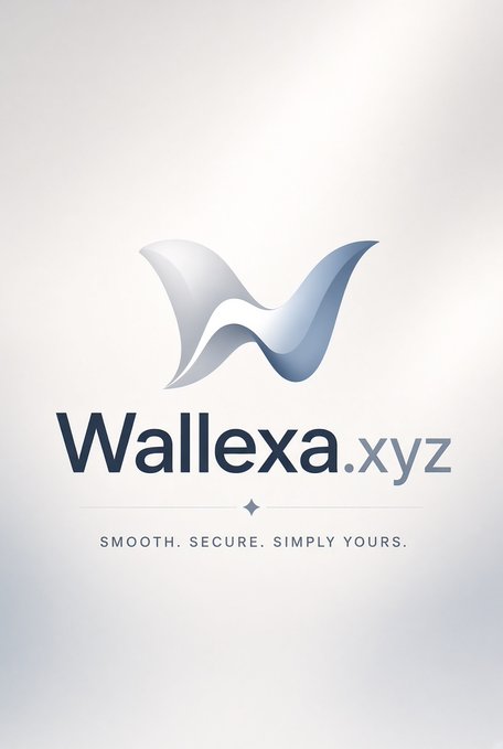 A minimalist logo design for 'Wallexa.xyz' featuring a stylized blue and silver 'W' shape above the tagline 'SMOOTH. SECURE. SIMPLY YOURS.'