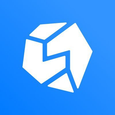 A white geometric logo resembling a faceted hexagon or crystal design displayed on a solid blue background.