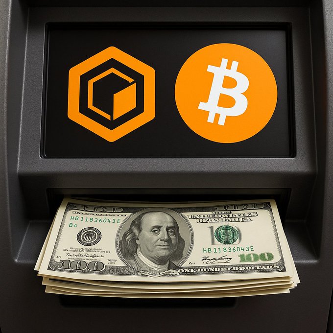 A black ATM-like machine dispensing a stack of $100 bills, with its digital screen displaying an orange cryptocurrency logo alongside the Bitcoin symbol.