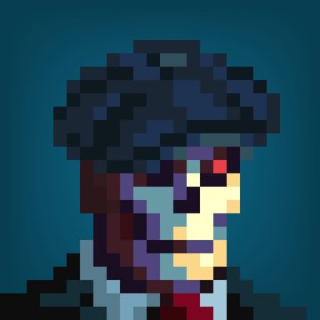 A pixel art portrait of a person with dark purple hair and glowing red eyes against a dark blue background.