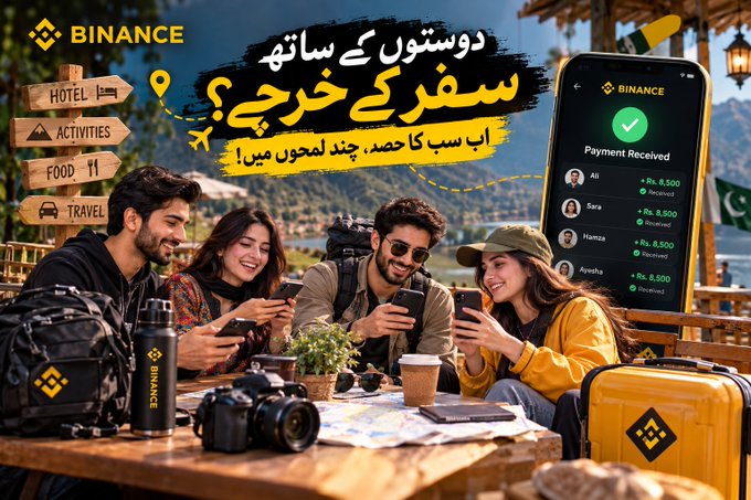 A promotional advertisement for Binance features a group of travelers looking at their phones next to a signpost, with Urdu text reading 'دوستوں کے ساتھ سفر کے خرجے؟' and a large phone displaying a 'Payment Received' screen.