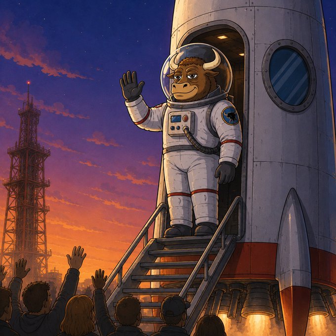The image features a cartoon character, likely an astronaut or cow, standing on a rocket ship with their arms raised high in celebration of a successful mission to the moon. The rocket ship has its doors open, revealing the interior where several people are gathered around, waving and cheering for the astronaut's achievement. The post caption suggests that the character is ready to go to space and invites others to join them on this exciting journey.