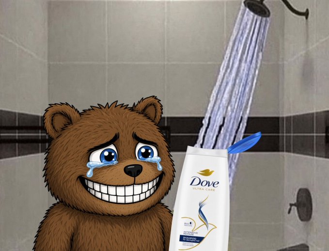 A cartoon brown bear with a toothy grin and tears in its eyes stands under a running shower next to a bottle of Dove body wash.