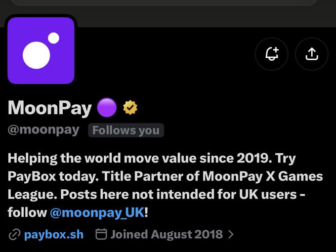 The image shows MoonPay's X profile (@moonpay) with a "Follows you" badge, joining date of August 2018, and a description promoting "paybox.sh." The caption relates to the post by confirming the user is indeed followed by MoonPay, which is presented as a rumored requirement for the next PayBox USDC airdrop.