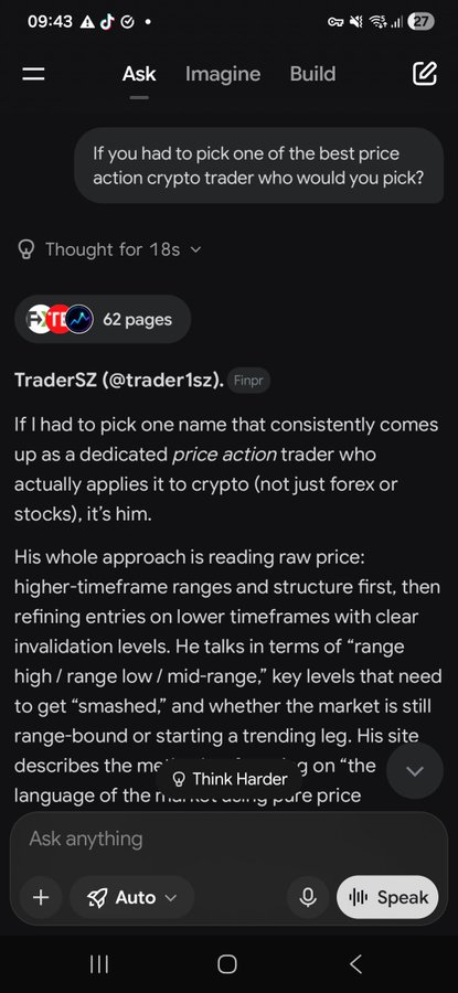 A mobile screenshot of an AI chat interface (Perplexity) where a user asks for the best price action crypto trader; the response highlights TraderSZ (@trader1sz), describing his approach to reading raw price and higher-timeframe ranges.