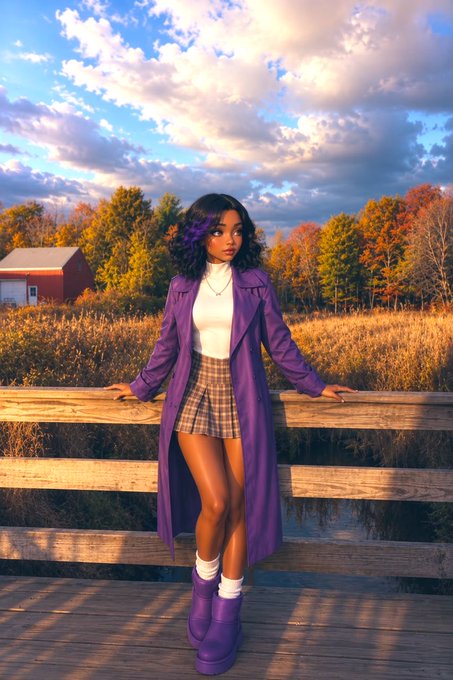 A stylish figure stands on a wooden bridge in a picturesque autumn setting, wearing a long purple coat and matching platform boots with a plaid skirt, perfectly complementing the warm golden-hour tones of the rural landscape.