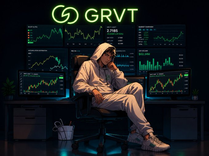 An anime-style illustration of a hooded trader sitting in front of multiple monitors displaying stock/crypto charts under a glowing 'GRVT' logo.