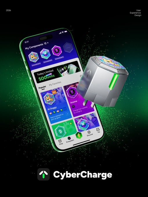 A promotional image for an app called 'CyberCharge' showing a smartphone displaying hexagonal components and a separate futuristic silver device with green lights, set against a black background with green particle effects.