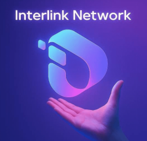 The image displays a stylized "Interlink Network" logo in blue and purple gradient, featuring a curved design symbol held above an outstretched hand, alongside the text "Interlink Network" and the post's text mentions the tickers $ITLG and $ITL.