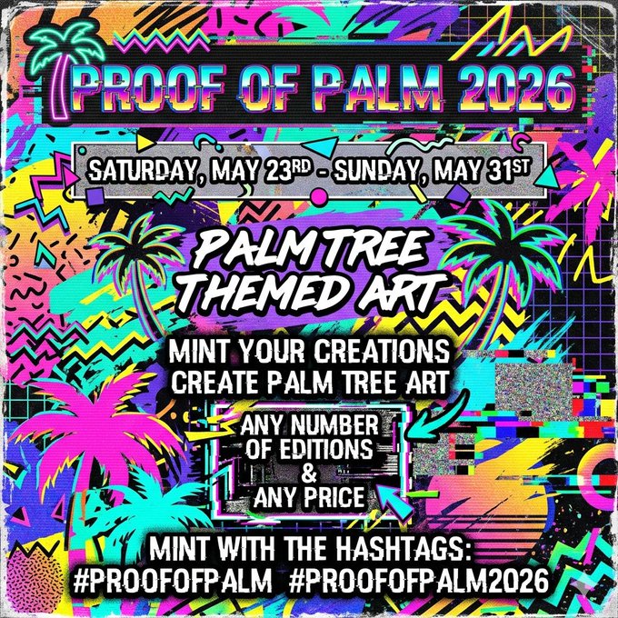 The image features a colorful poster advertising an event called "Proof of Palm 2016". The poster showcases palm trees with various designs, including neon colors and geometric shapes. It also includes text promoting the event, such as the date, time, and location, along with details about how attendees can create their own unique palm tree art using the provided materials.
