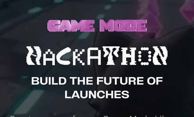 The image shows text reading "GAME MODE" in pink and "HACKATHON" in pixel-style font, along with "BUILD THE FUTURE OF LAUNCHES," promoting a game-building competition tied to @flaunchgg coin launches as a novel monetization strategy for developers.