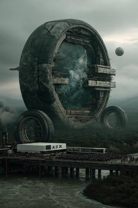A futuristic, dystopian digital artwork showing massive circular structures hovering above a misty landscape with a bridge and a train in the foreground.