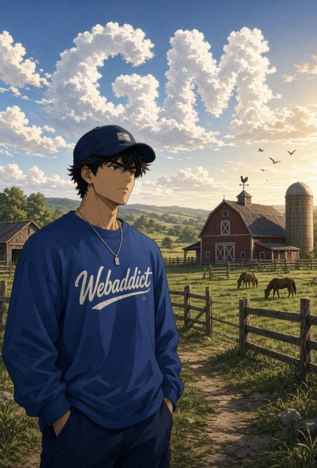 An anime-style illustration of a young man wearing a blue "Webaddict" sweatshirt and cap, standing in a field with a red barn and silo in the background.