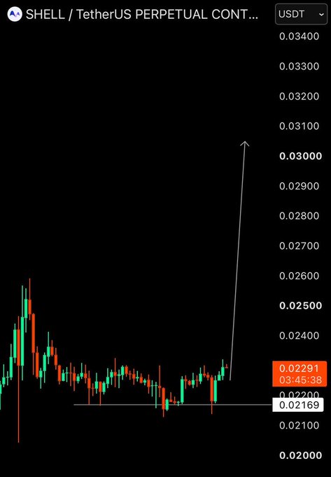 SHELL/TetherUS perpetual contract chart on the AEX exchange showing a dramatic upward price spike from around 0.02200 to 0.02291 USDT.