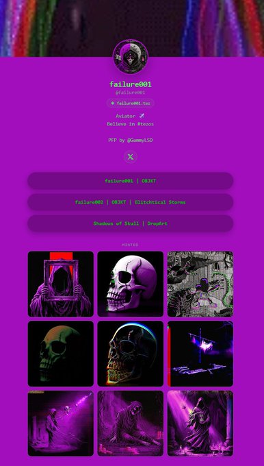 A vibrant purple and magenta themed digital profile page for "failure001" on TezTree, featuring the username "failure001", handle "@failure001.tez", and labeled as an "Aviator" with the bio "Believe in Miracles" and credit "PFP by @tommy030". The page displays recent NFT activity including "failure001 | OBJET" and "Glitchical Storms", followed by a 3x3 gallery of dark, gothic artwork featuring skulls, hooded figures, and neon-lit scenes with the title "MIRROR" above them.