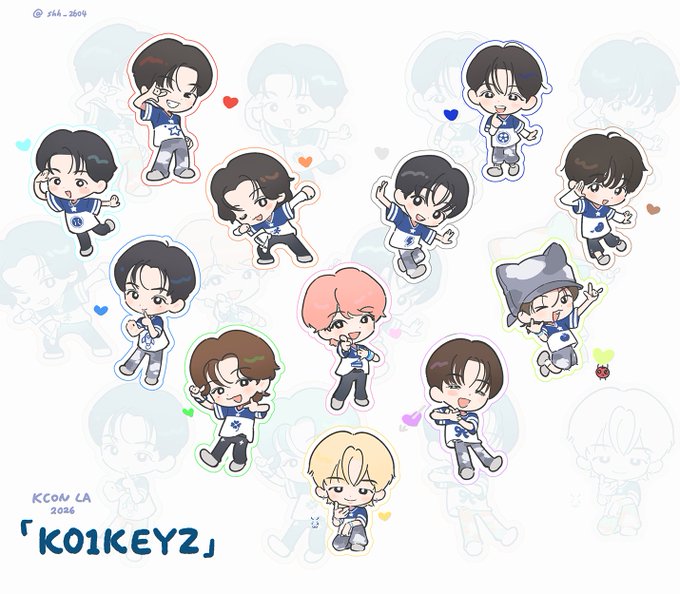 The image features a collection of chibi-style cartoon characters in matching blue and white "K" outfits, arranged in dynamic poses with small hearts scattered around them. The text "KCON LA 2026" and "「KO1KEYZ」" appears in the lower left, while "@skh_2604" is credited in the top left. The post's hashtags relate to the fan group "KO1KEYZ" celebrating the K-pop group 1 at KCON LA 2026, which the illustrated characters appear to represent.