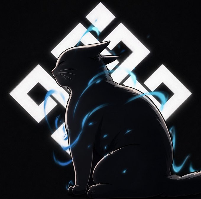 An illustration of a black cat sitting in profile with glowing blue flames swirling around it, set against a black background with a white geometric emblem.