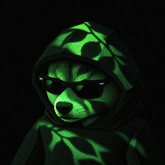 A dog wearing a hoodie and sunglasses is illuminated by green light filtering through leaf shadows, creating a stylized, atmospheric portrait.