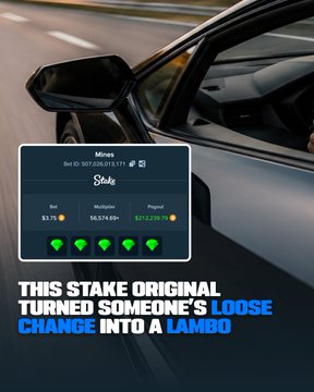 A sleek white sports car is parked roadside with a Stake.us account overlay displaying the "Stake Originals" game "Mines" at an ID ending 9770, showing start bets of $3.79, a large $56,574.69 win claim at 50,574.69x, and a pending payout of $212,259.79. The image visually reinforces the post's narrative of a tiny gamble snowballing into a Lamborghini-sized payday.