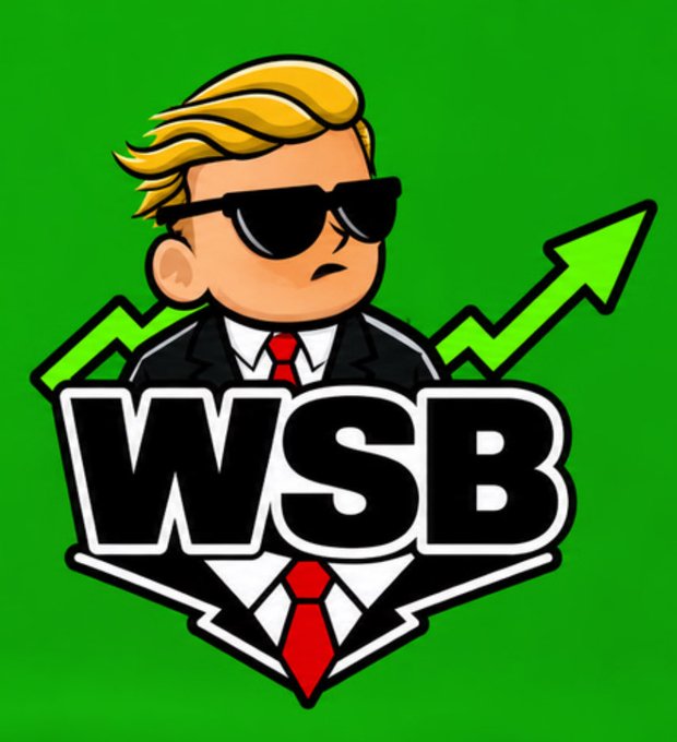 A cartoon logo featuring a blonde-haired man in sunglasses and a suit with a red tie, set against a green background with upward-pointing arrows and the bold text 'WSB'.