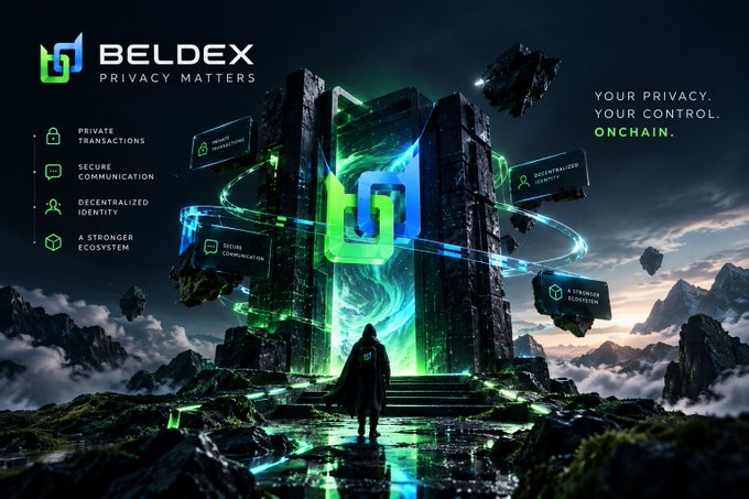A promotional graphic for 'BELDEX' with the tagline 'PRIVACY MATTERS' and 'YOUR PRIVACY. YOUR CONTROL. ONCHAIN.', depicting a hooded figure looking at a glowing futuristic monument.