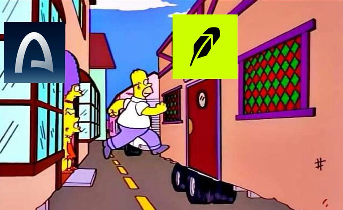 Simpsons cartoon scene with Homer running away from a yellow van carrying Bart, with an 'A' logo in the top left and a green leaf logo in the top right.