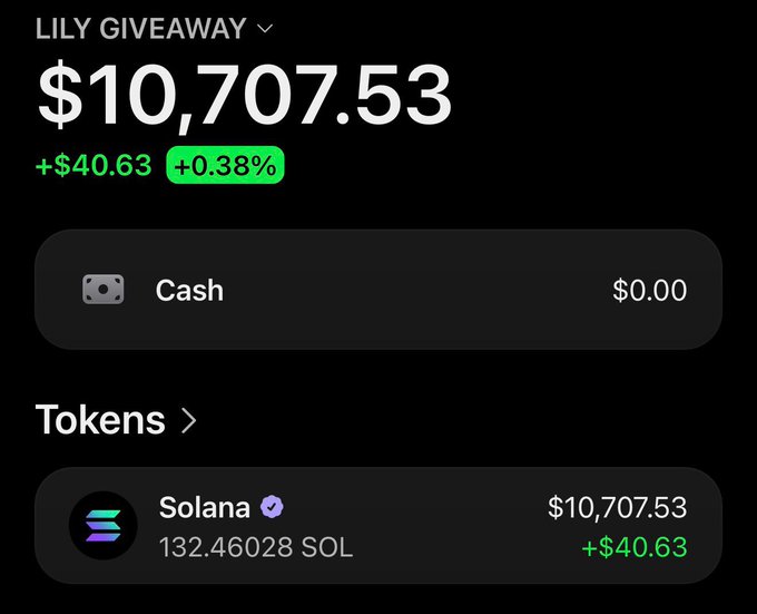 The image displays a cryptocurrency wallet portfolio labeled "LILY GIVEAWAY" showing a total balance of $10,707.53 (+0.38%), held entirely in 132.46028 Solana (SOL). The post appears to use this screenshot to promote a supposed $SOL airdrop giveaway by @coldtrz, though legitimate giveaways typically don't require users to share their wallet addresses in comments—a common red flag for scams.