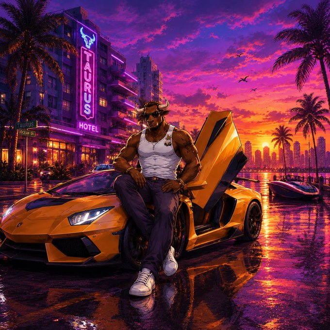 A muscular figure with bull horns sits on the hood of a yellow Lamborghini against a vibrant purple and orange sunset, with the neon "TAURUS HOTEL" sign glowing in the background—perfectly capturing Grand Taurus Auto's tagline of oceanfront sunsets, neon-lit streets, and exotic cars, embodying the luxurious $GTA lifestyle.