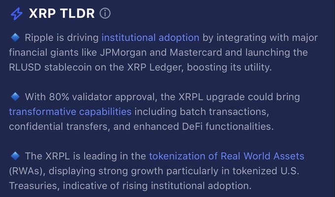 An infographic titled 'XRP TLDR' with three bullet points about Ripple's institutional adoption with JPMorgan and Mastercard, the XRPL upgrade with 80% validator approval, and XRP Ledger leading in Real World Assets tokenization.