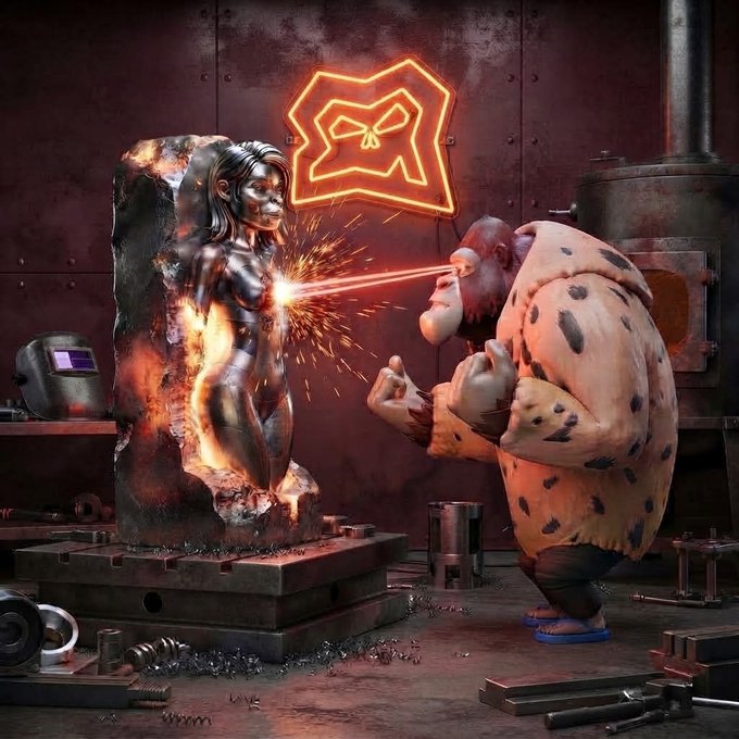 3D-rendered scene of a caveman in leopard-print clothing using laser eyes on a metallic female sculpture, with a glowing orange logo above in an industrial workshop setting.