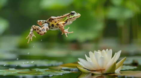 A frog mid-leap above a pond with water droplets splashing around it, with a white water lily flower visible on the right side against a green natural background.