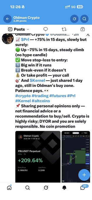 A screenshot from a Telegram channel called "Oldman Crypto" (3.2K posts) showing a trading signal post about $PRL/USDT Perpetual with claims of "+75% in 15 days" and a displayed +209.64% gain chart. The post aligns with the caption by emphasizing patience, sharing entries in the buy zone early, and advising against chasing pumps after they've already run.