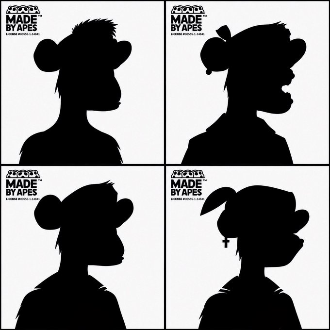 Four black silhouette profiles of monkeys in different styles, each labeled 'MADE BY APES' with license number #00050-1-14841, resembling the Bored Ape Yacht Club NFT design.