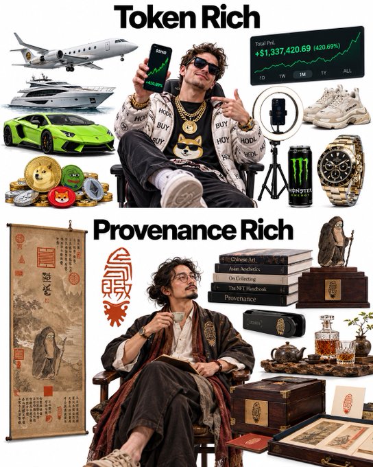Meme comparing 'Token Rich' (top, featuring a man with crypto, yacht, Lamborghini, watch, shoes) versus 'Provenance Rich' (bottom, featuring a man with Chinese art scrolls, books, and traditional tea sets).