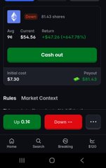 The image shows a stock trading app with a "Cash out" option for the ticker "OPEN," displaying a 9% gain of +$7.20 (+47.76%) and a cash out amount of $54.86. The post references a $7 to $81 potential move (x11), suggesting the trader is still testing this position before going in big, with the current small gain supporting the early testing phase.