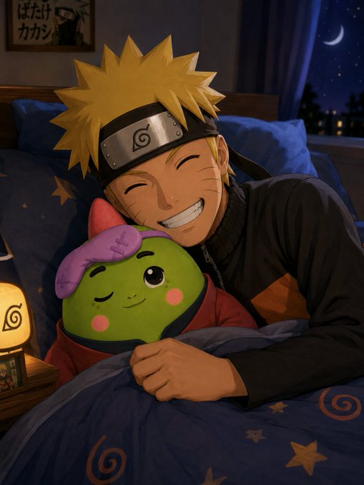 An anime-style illustration of Naruto Uzumaki smiling contentedly in bed at night, hugging a cute green creature with a pink bow, under a crescent moon with a lantern and Japanese calligraphy poster nearby.