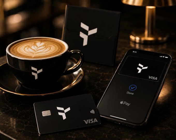 A moody still life displaying Y-Bank Visa cards alongside a latte with art on top and a smartphone showing a successful 'Apple Pay' transaction.