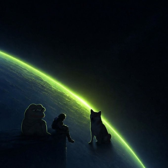 Three figures—a frog plush, a seated person, and a cat—silhouetted on a dark ledge, gazing out as a glowing green arc resembling the Earth's horizon illuminates the vast, empty void, visually echoing the post's cryptic message "there will be signs..."