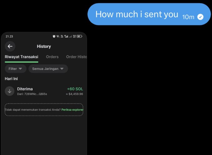 A screenshot of a transaction history showing a received payment of "+60 SOL (≈ $4,459.96)" from an address starting with 726WNc, sent in response to a message asking "How much i sent you 10m" — illustrating the accidental $4,500 SOL payment made instead of the intended $60.
