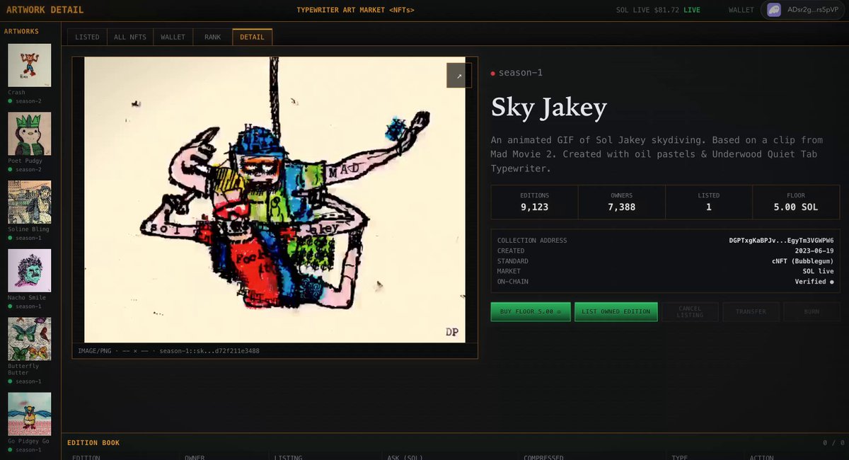 The image shows a computer screen displaying a website called "Sky Jakey" that features an art piece of a man wearing a blue shirt and a hat. The website also has a section for users to rate or review artwork, with one user rating another artist's work. The image is accompanied by text that reads: "This is so cool to see. First listings by actual users (who are not me) on the shop! Sky Jakey for 5 SOL, a collab with @SolJakey".